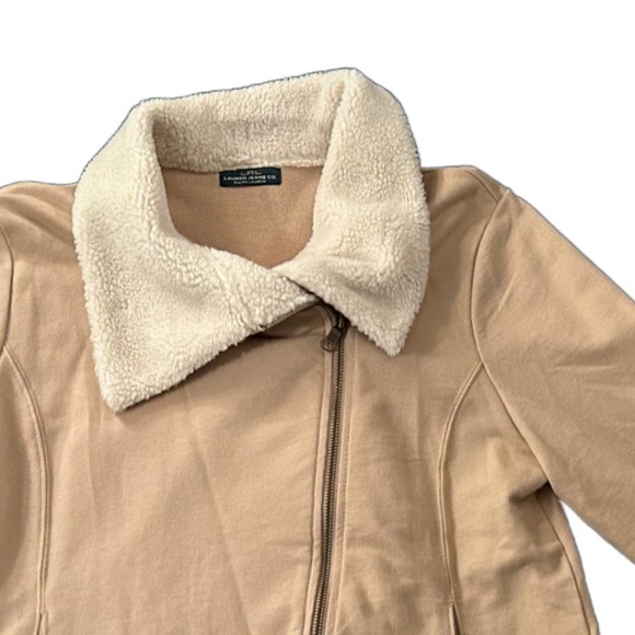 LRL Ralph Lauren Tan Cotton Fleece Zip Up Crop Shirt Jacket / Women’s Large * - Picture 2 of 5